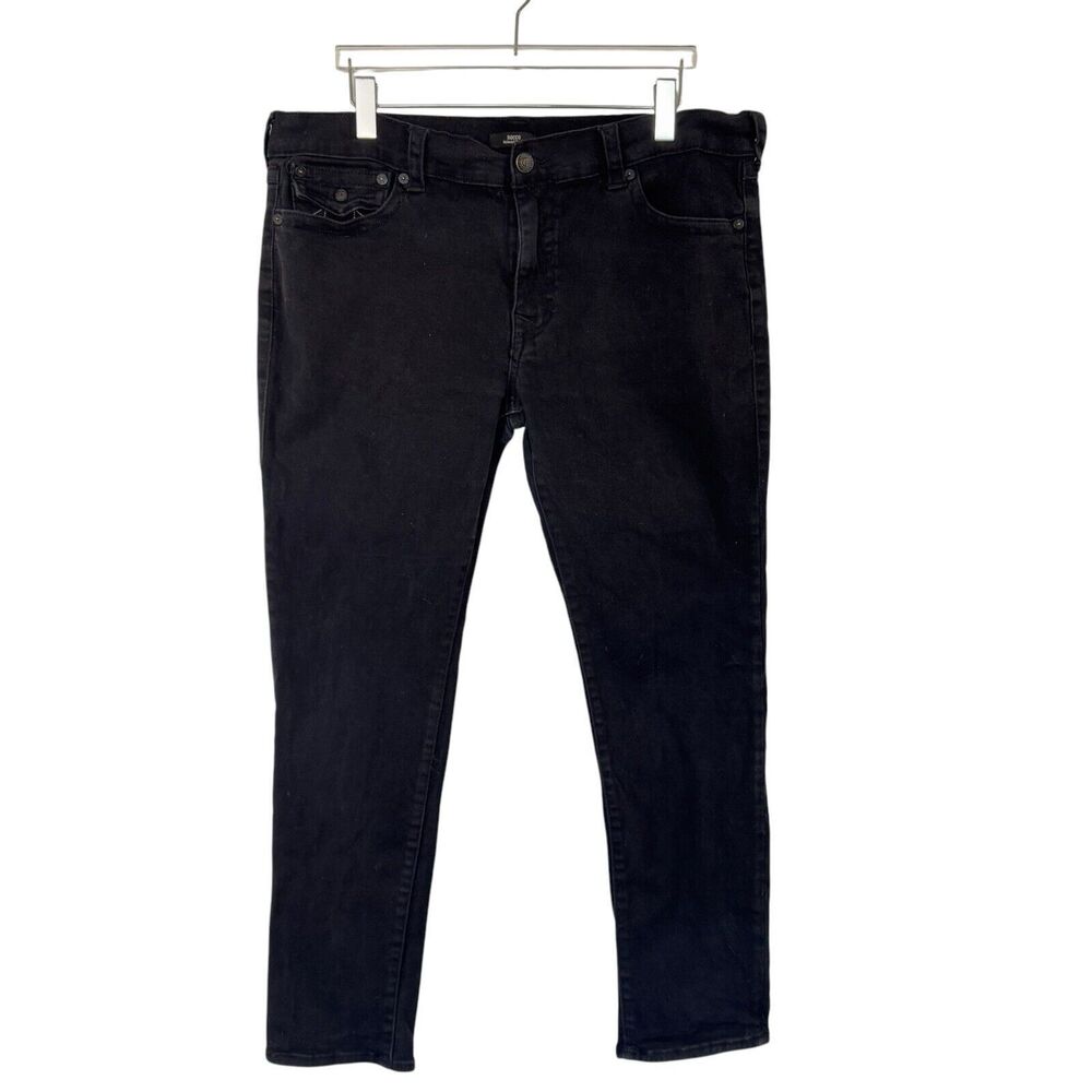 True Religion Rocco Relaxed Skinny Jeans Black Wash Flap Pockets Size 40 GUC